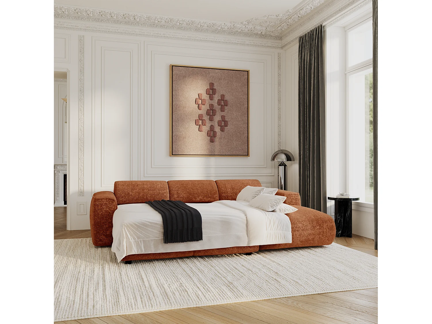 Canapé convertible angle droit 5 places velours gaufré terracotta YUMA