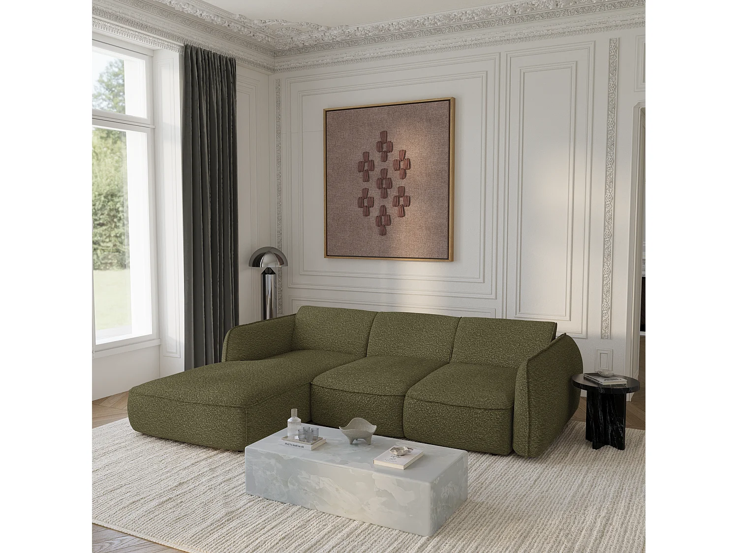 Canapé d'angle gauche convertible 4 places tissu bouclette vert olive LIVIA