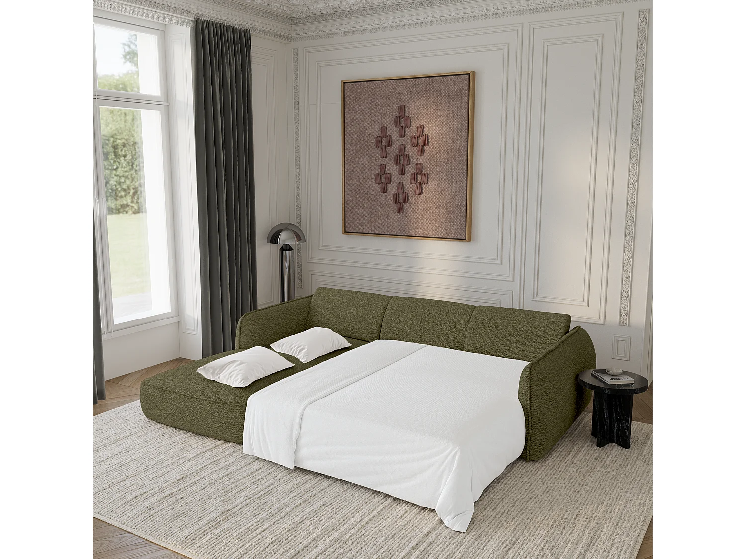 Canapé d'angle gauche convertible 4 places tissu bouclette vert olive LIVIA