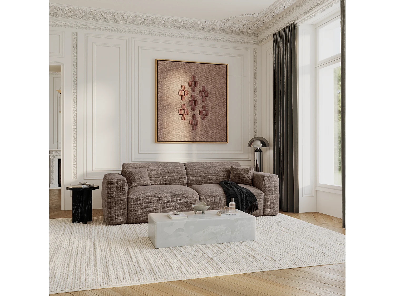 Canapé convertible 4 places velours gaufré taupe YUMA