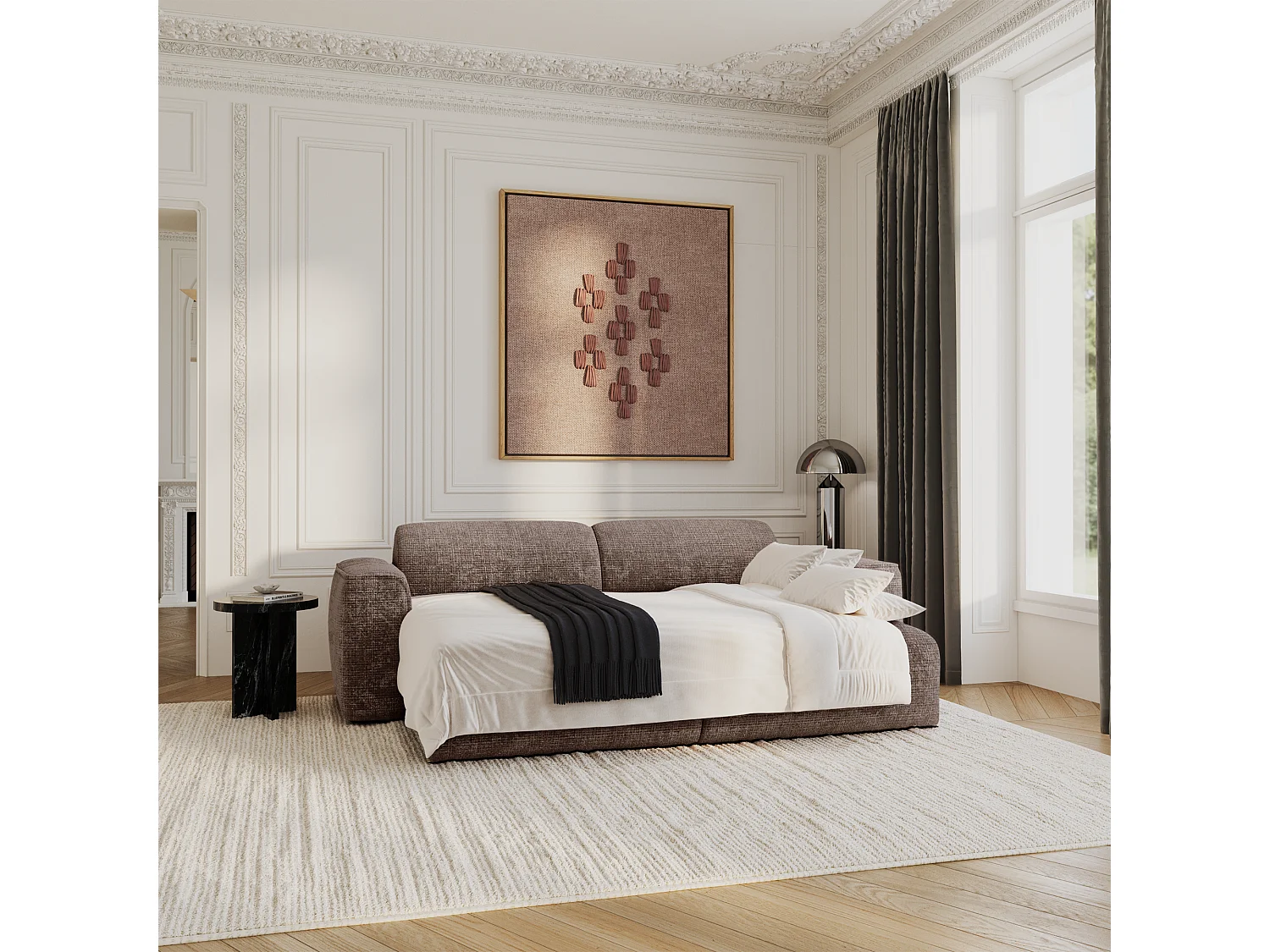 Canapé convertible 4 places velours gaufré taupe YUMA