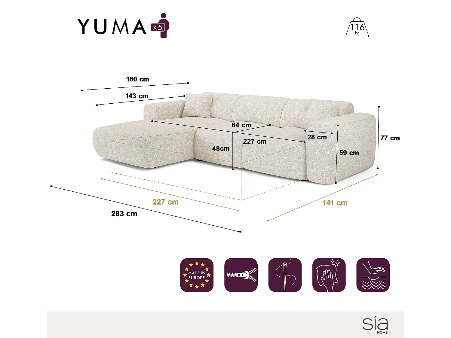 Canapé convertible angle gauche 5 places YUMA en velours texturé moutarde