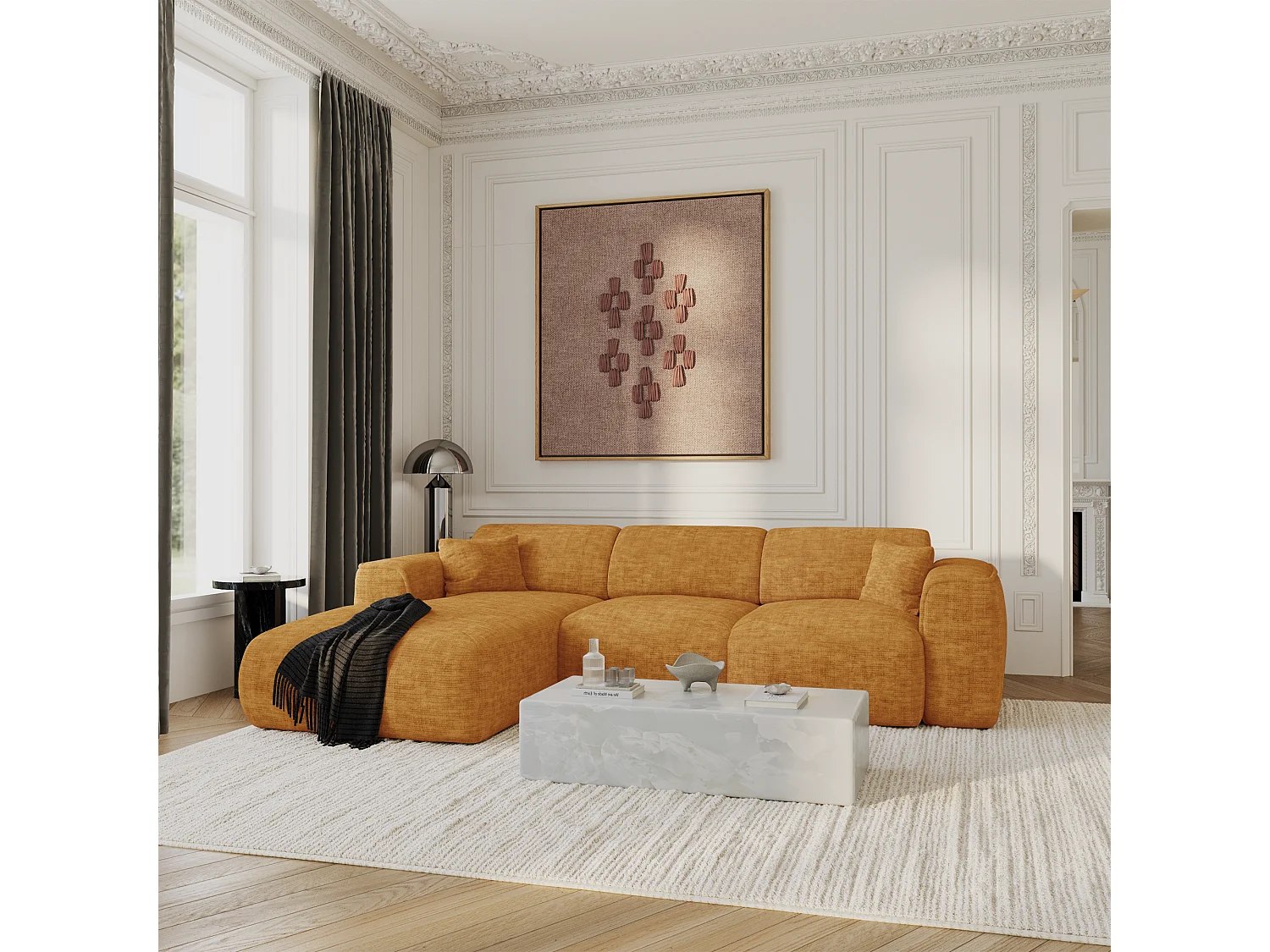 Canapé convertible angle gauche 5 places velours texturé moutarde YUMA