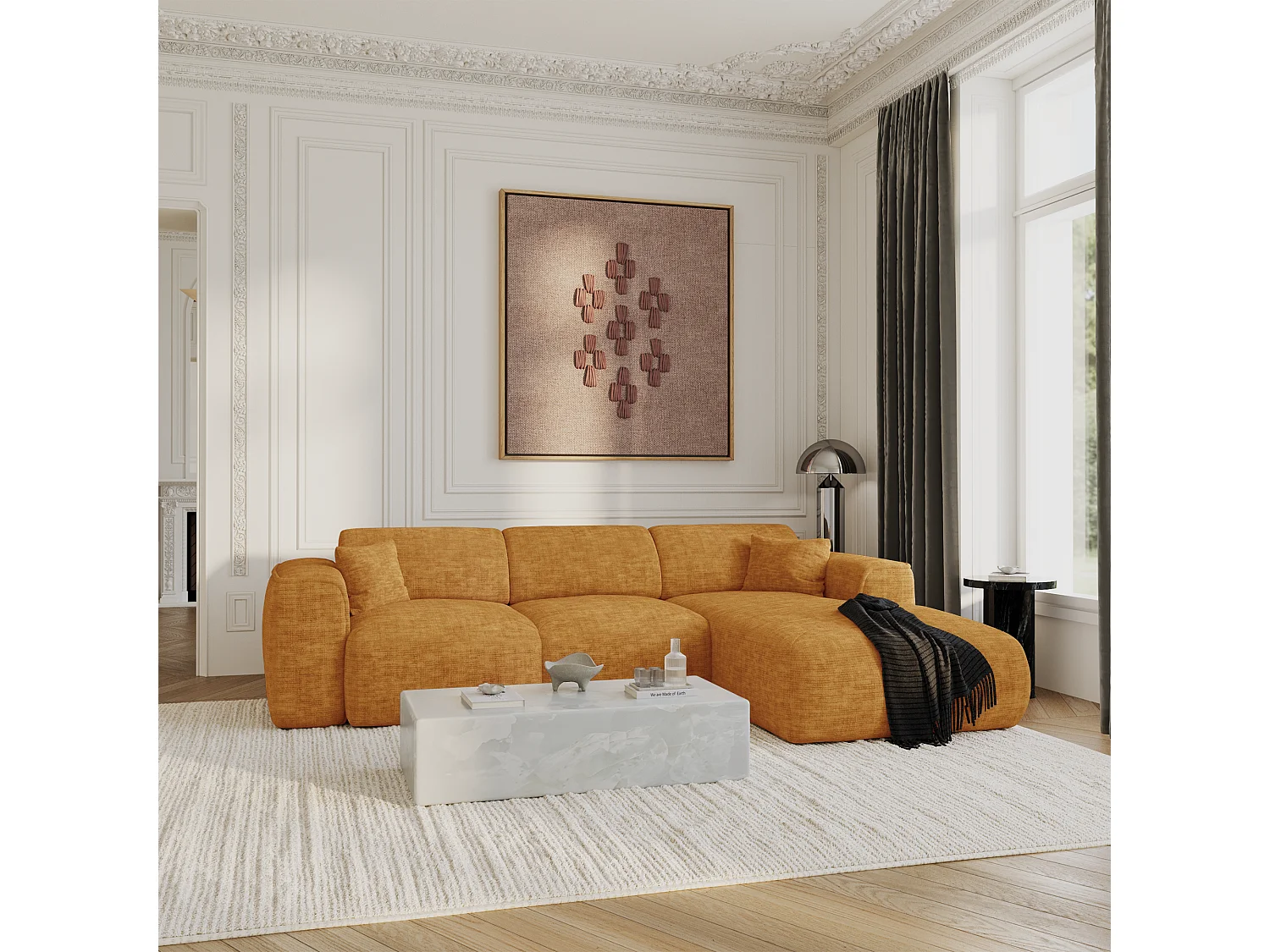 Canapé convertible angle droit 5 places velours texturé moutarde YUMA