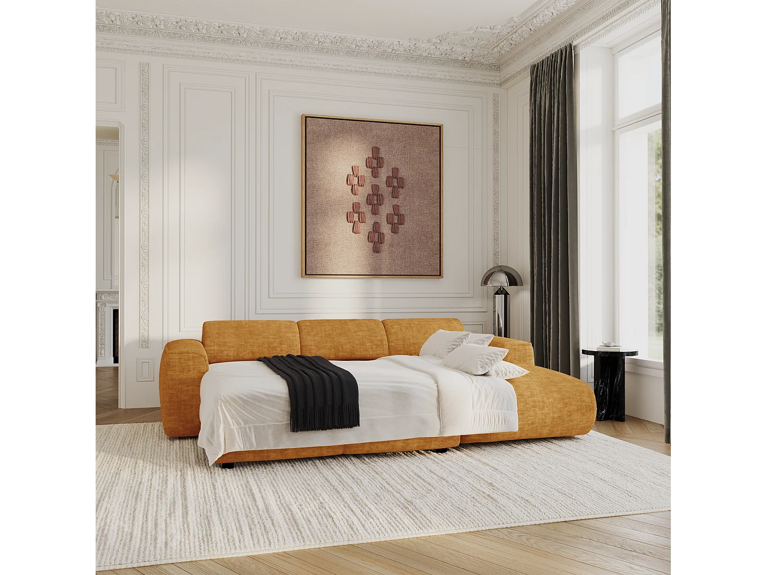 Canapé convertible angle droit 5 places velours texturé moutarde YUMA