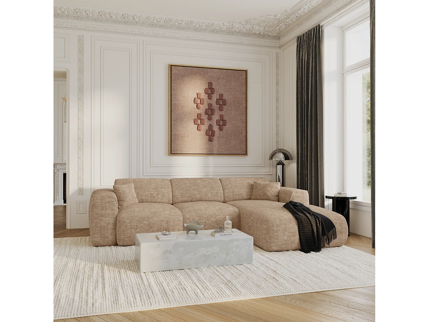 Canapé convertible angle droit 5 places velours texturé taupe YUMA