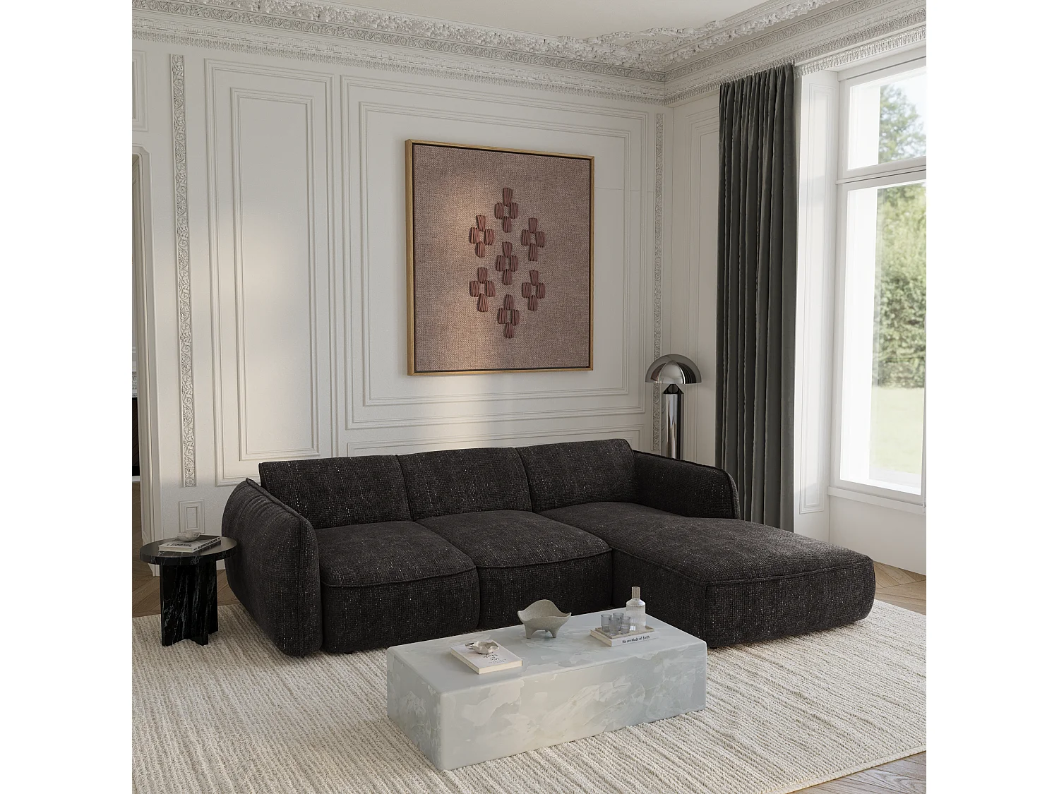 Canapé d'angle droit convertible 4 places velours tramé antracite LIVIA