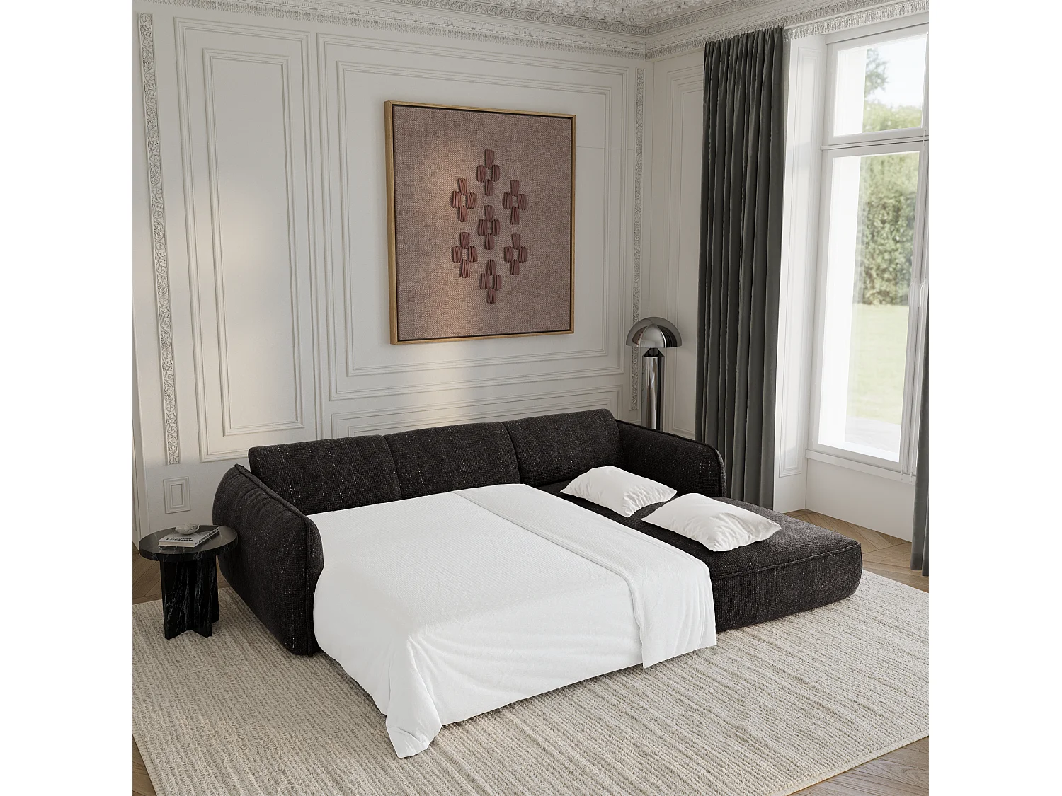 Canapé d'angle droit convertible 4 places velours tramé antracite LIVIA