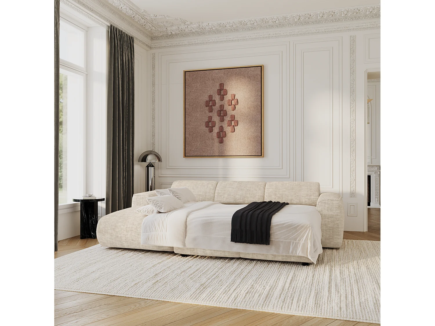 Canapé convertible angle gauche 5 places velours texturé beige YUMA