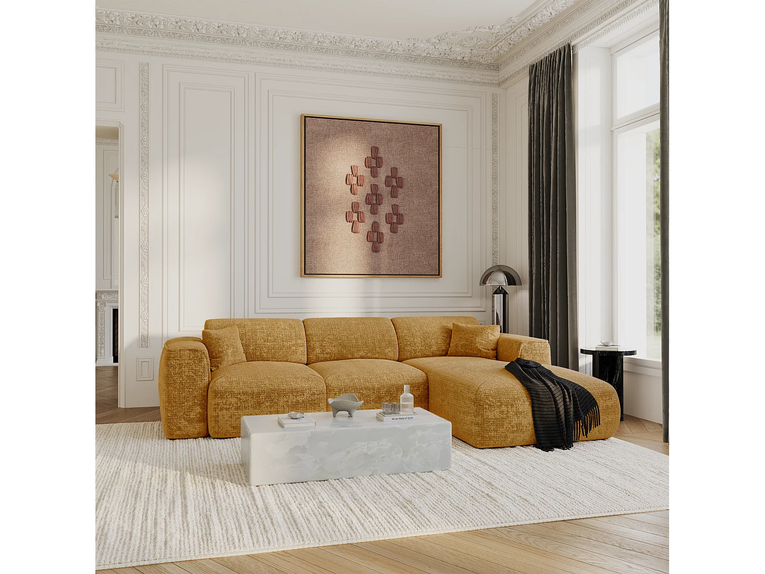 Canapé convertible angle droit 5 places velours gaufré moutarde YUMA