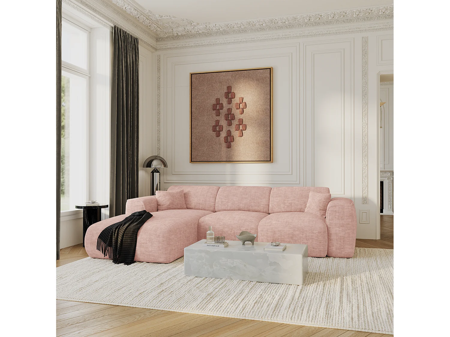 Canapé convertible angle gauche 5 places velours texturé rose vintage YUMA