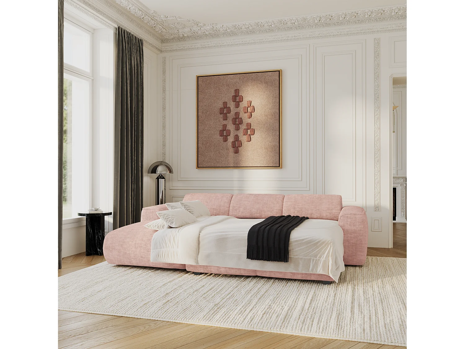 Canapé convertible angle gauche 5 places velours texturé rose vintage YUMA