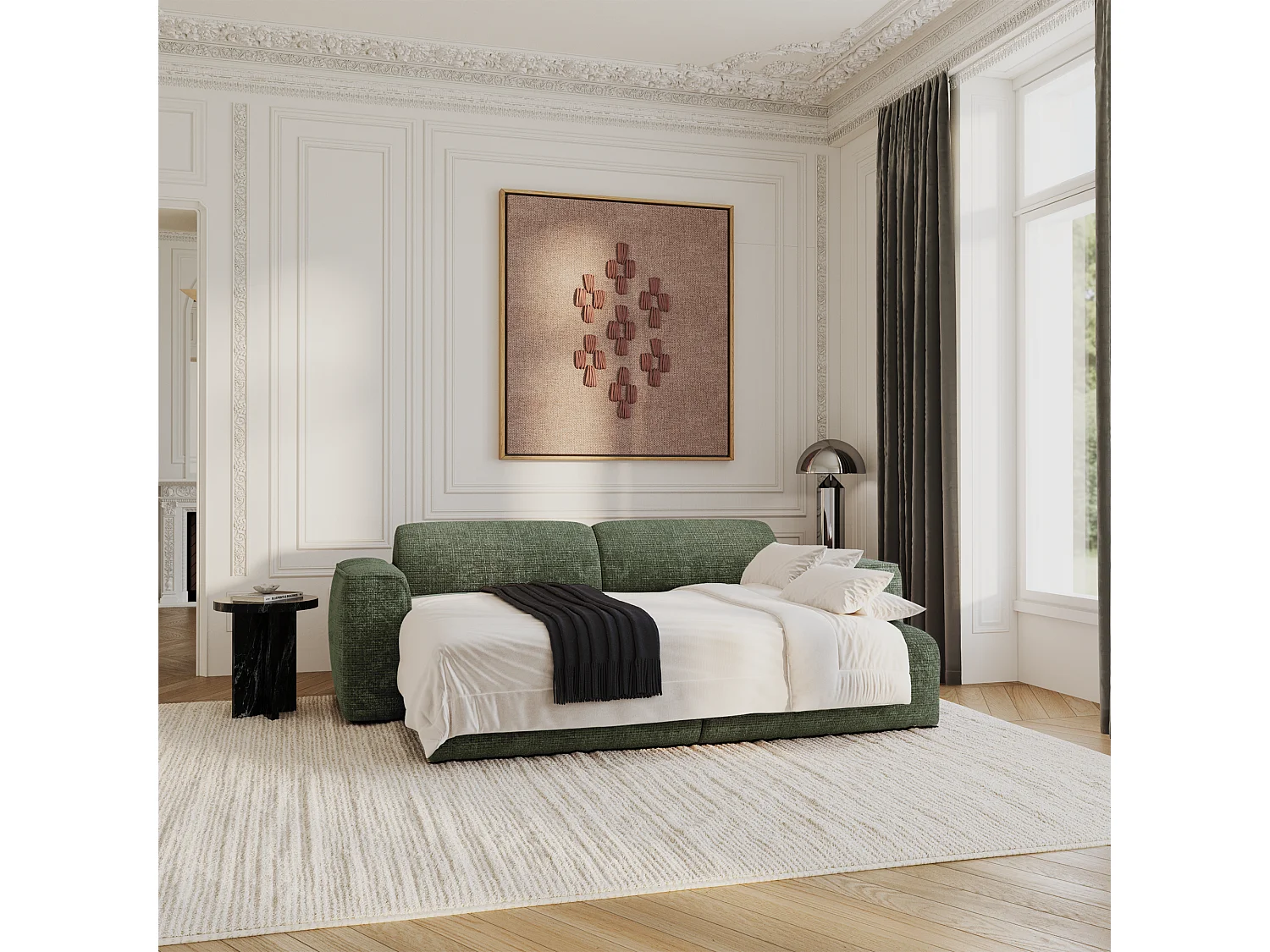 Canapé convertible 4 places velours gaufré vert émeraude YUMA