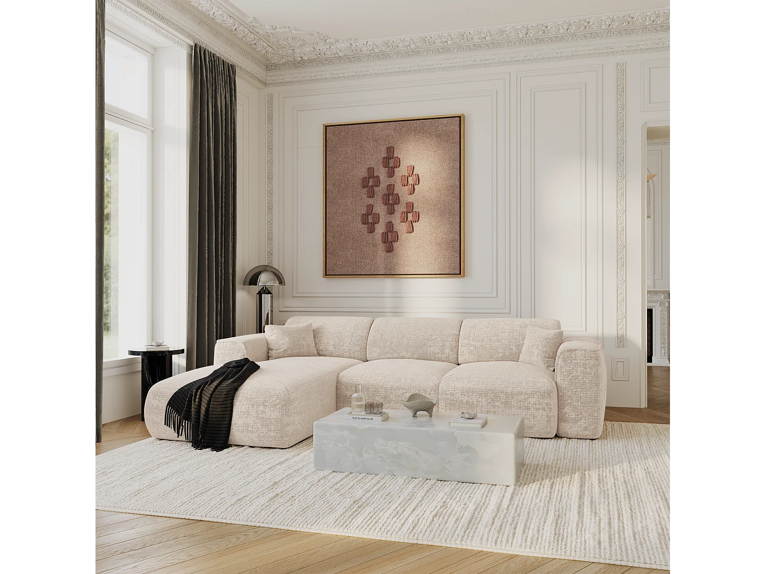 Canapé convertible angle gauche 5 places velours gaufré crème YUMA