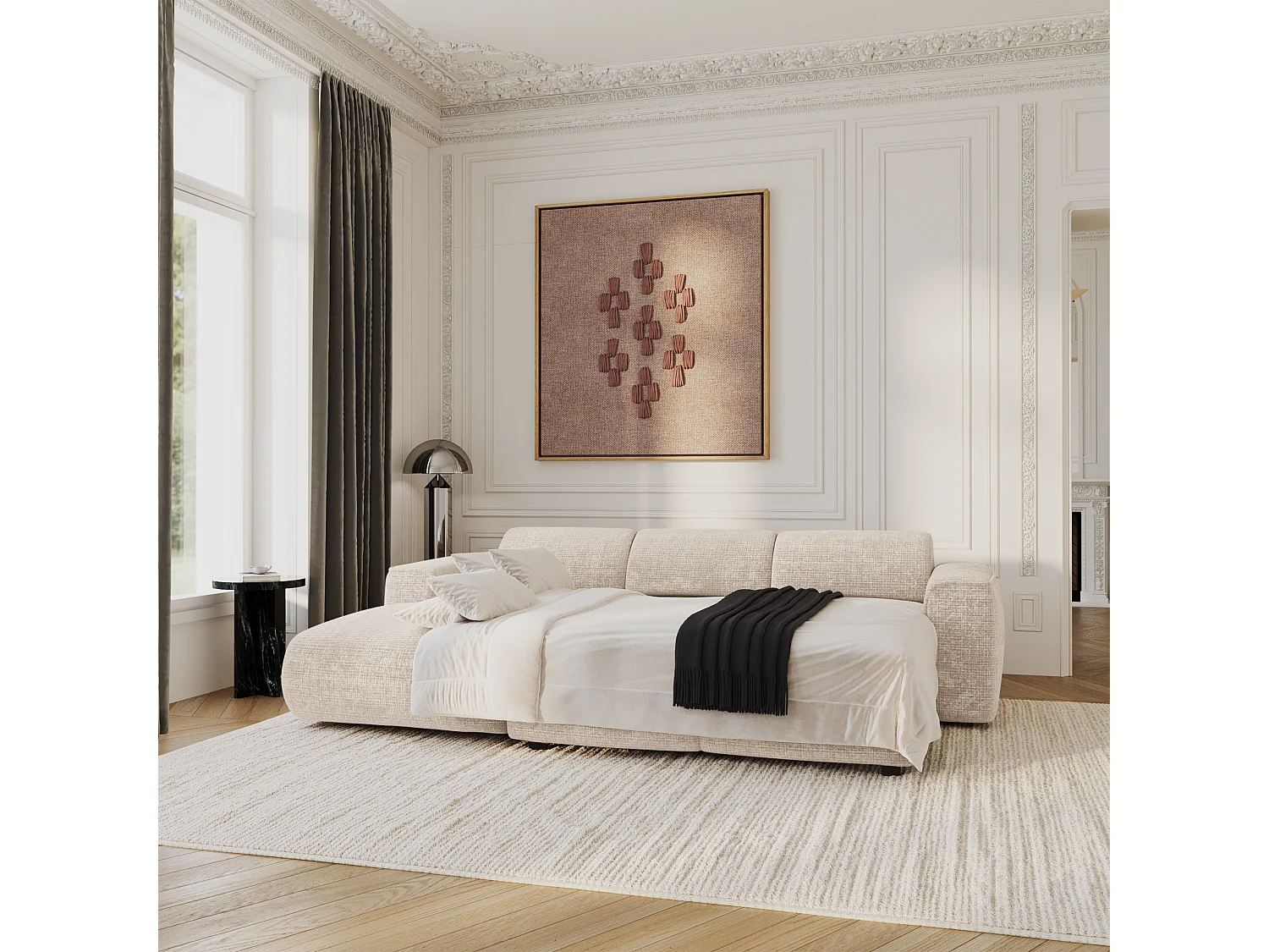 Canapé convertible angle gauche 5 places velours gaufré crème YUMA