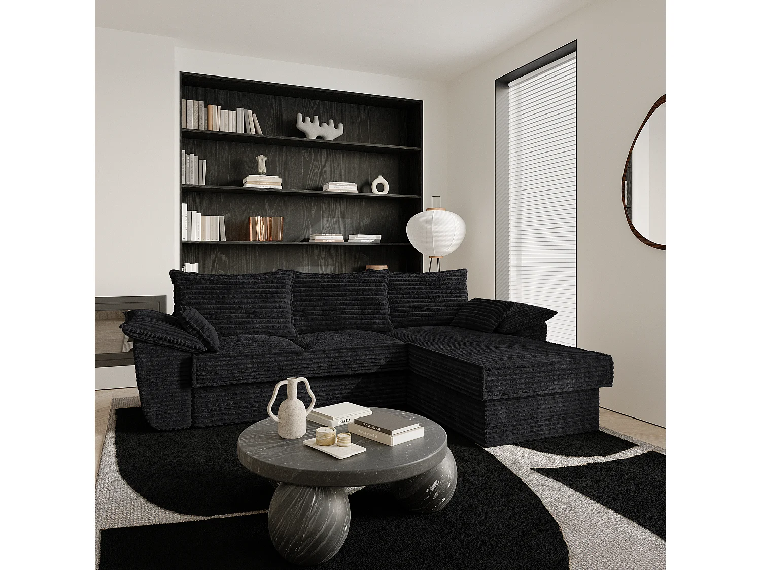 Canapé d'angle droit convertible velours côtelé XXL noir 257cm SASHA