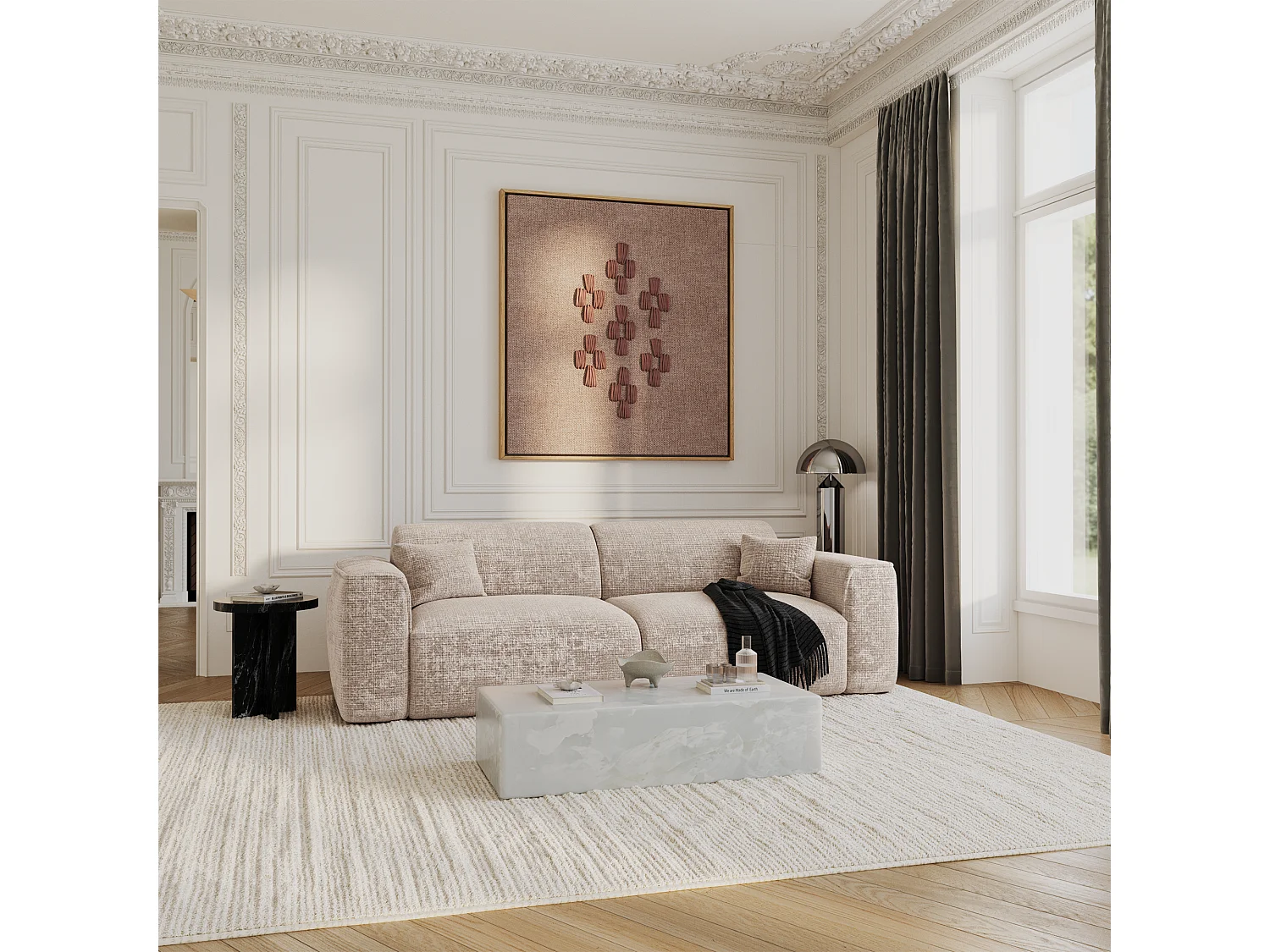 Canapé convertible 4 places velours gaufré beige YUMA