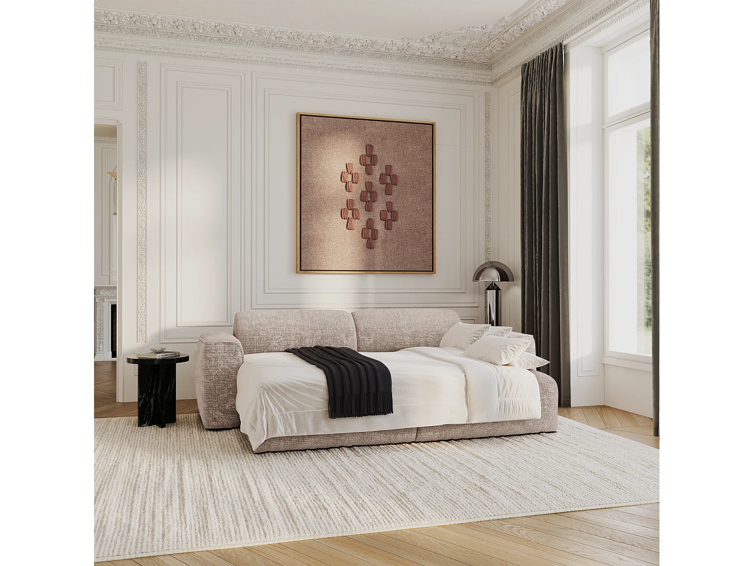 Canapé convertible 4 places velours gaufré beige YUMA