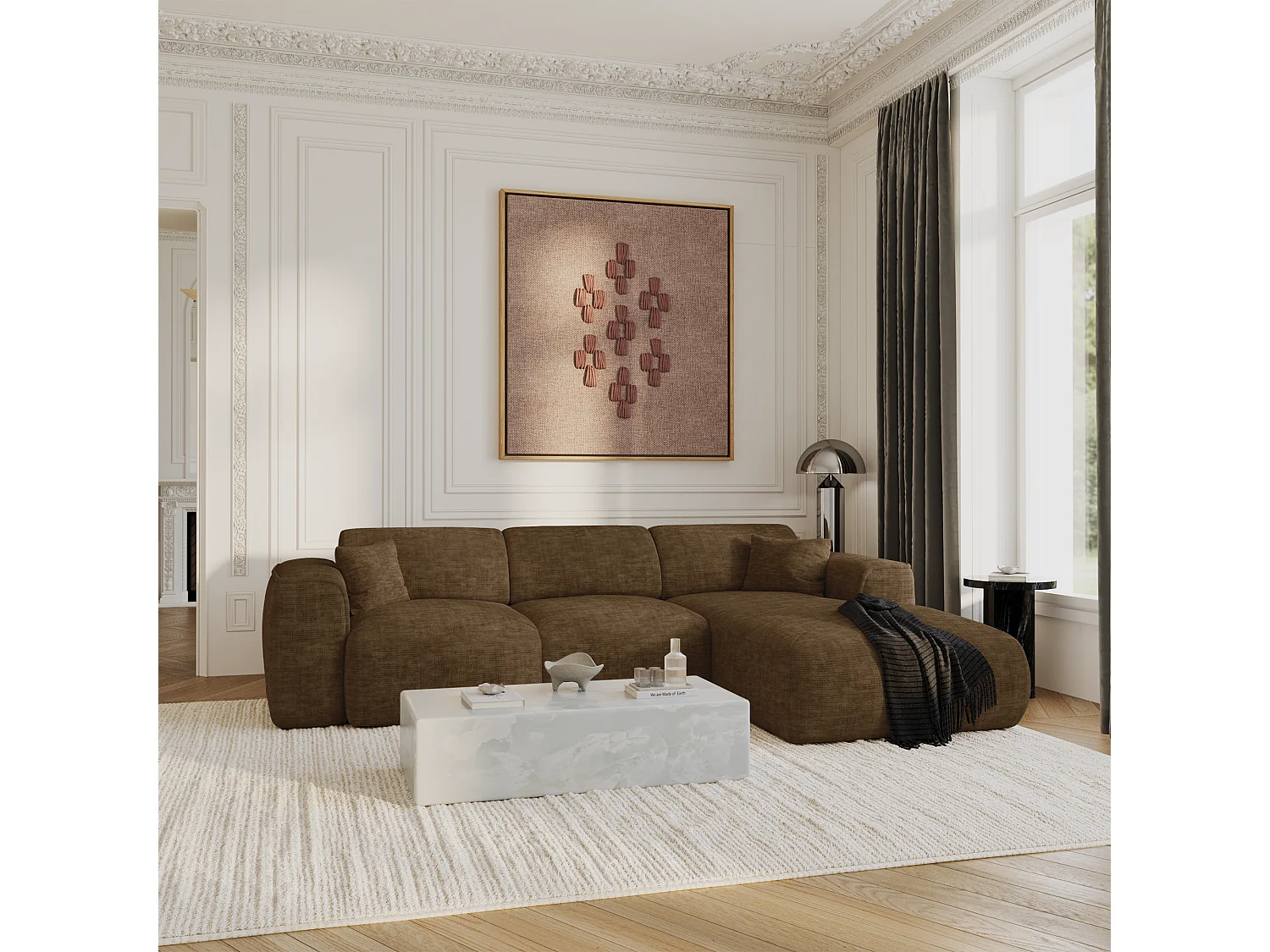 Canapé convertible angle droit 5 places velours texturé brun expresso YUMA