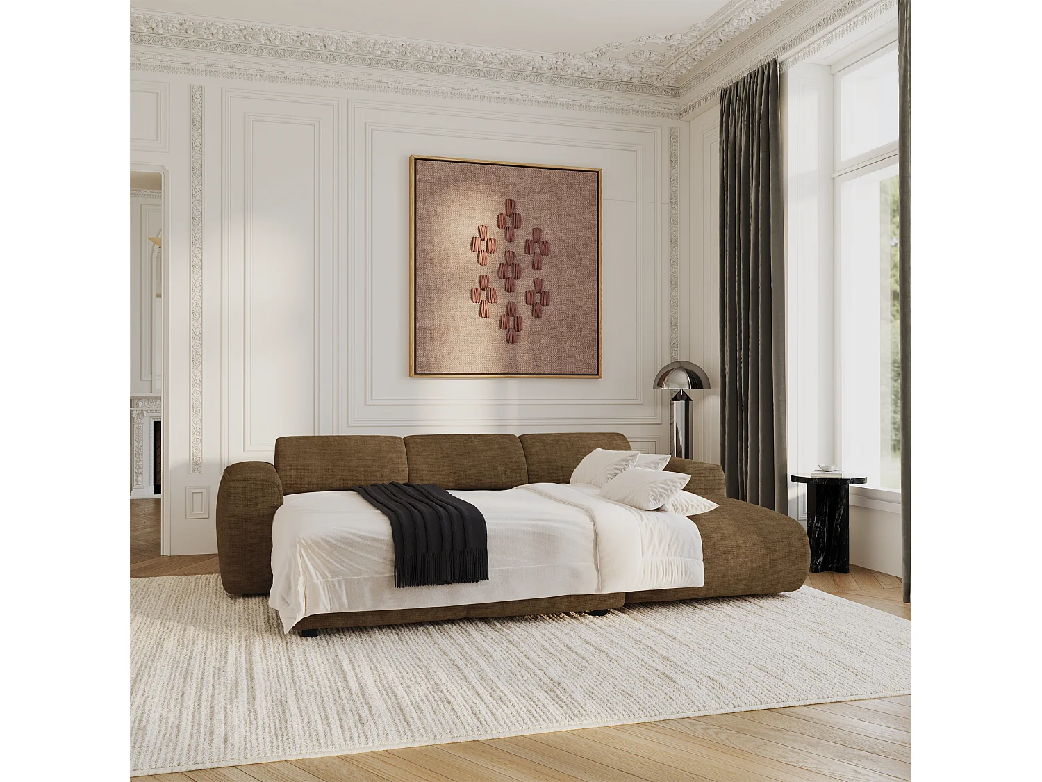 Canapé convertible angle droit 5 places velours texturé brun expresso YUMA