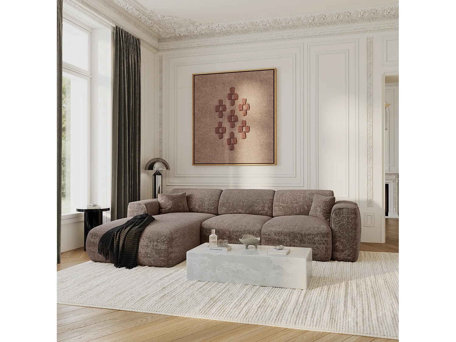 Canapé convertible angle gauche 5 places velours gaufré taupe YUMA