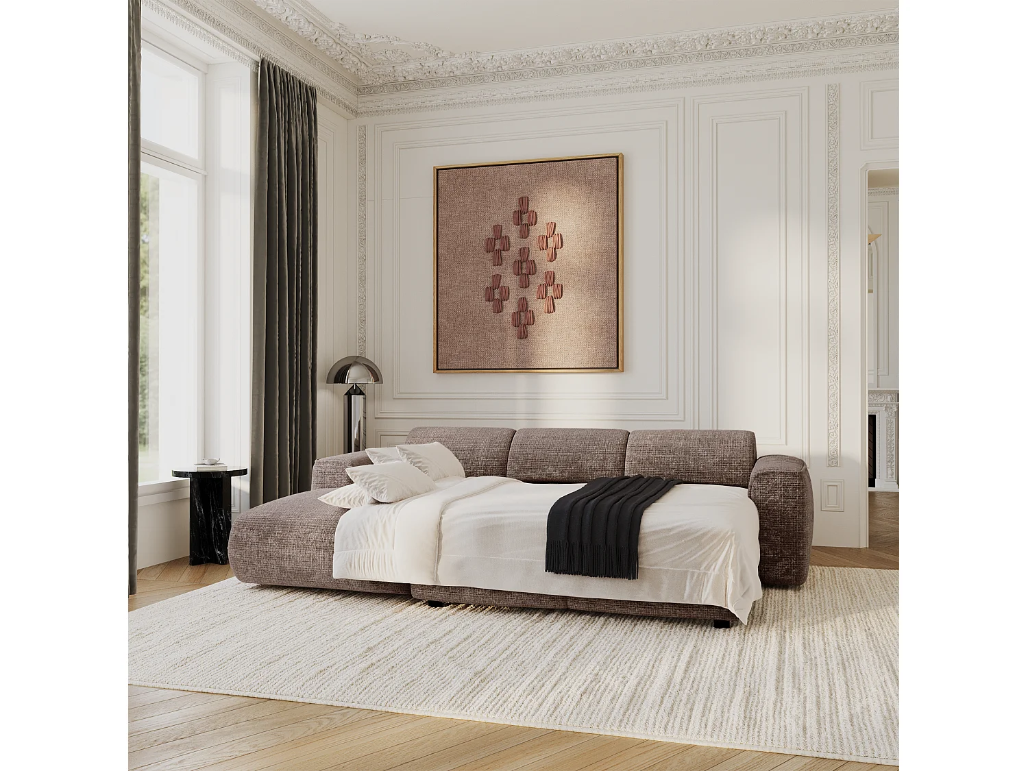 Canapé convertible angle gauche 5 places velours gaufré taupe YUMA