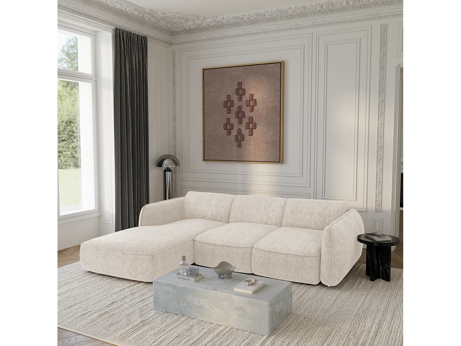 Canapé d'angle gauche convertible 4 places velours tramé crème LIVIA