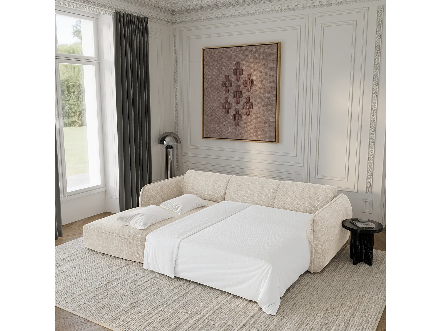 Canapé d'angle gauche convertible 4 places velours tramé crème LIVIA