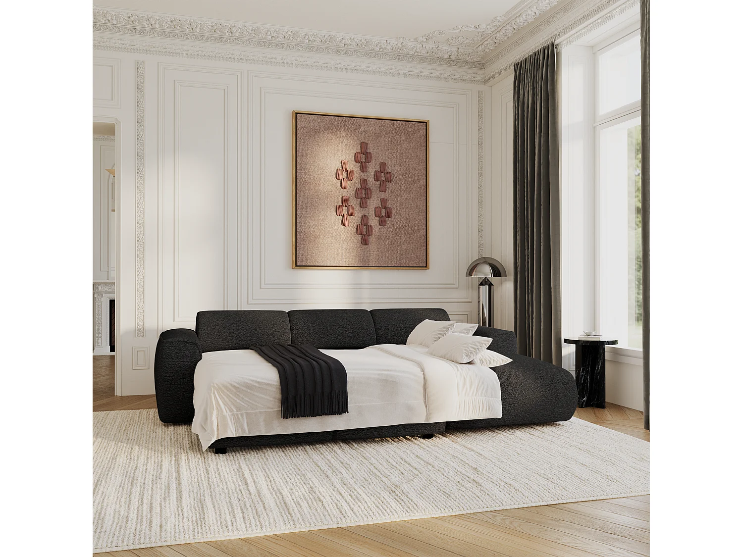 Canapé convertible angle droit 5 places bouclette noir YUMA