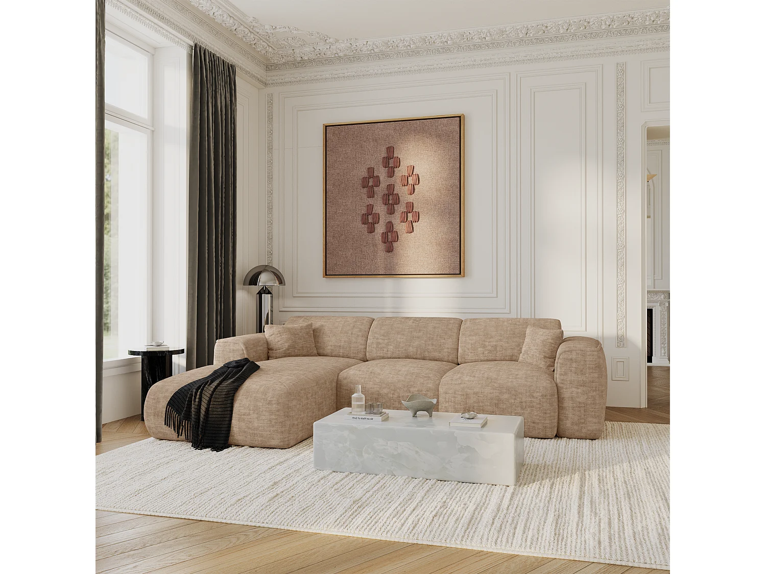 Canapé convertible angle gauche 5 places velours texturé taupe YUMA