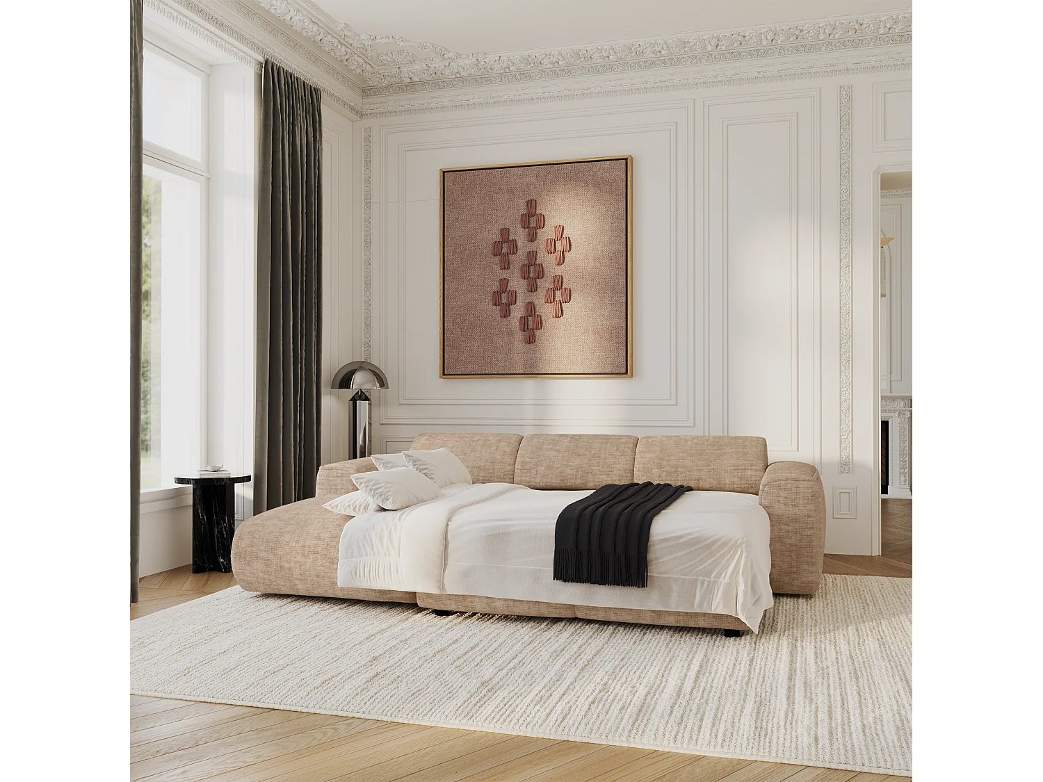 Canapé convertible angle gauche 5 places velours texturé taupe YUMA