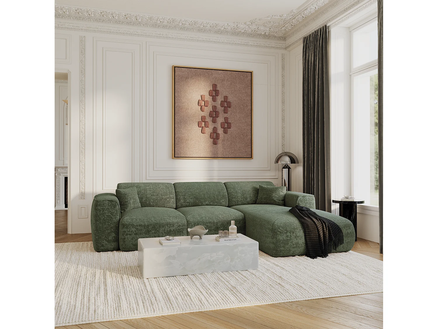 Canapé convertible angle droit 5 places velours gaufré vert émeraude YUMA