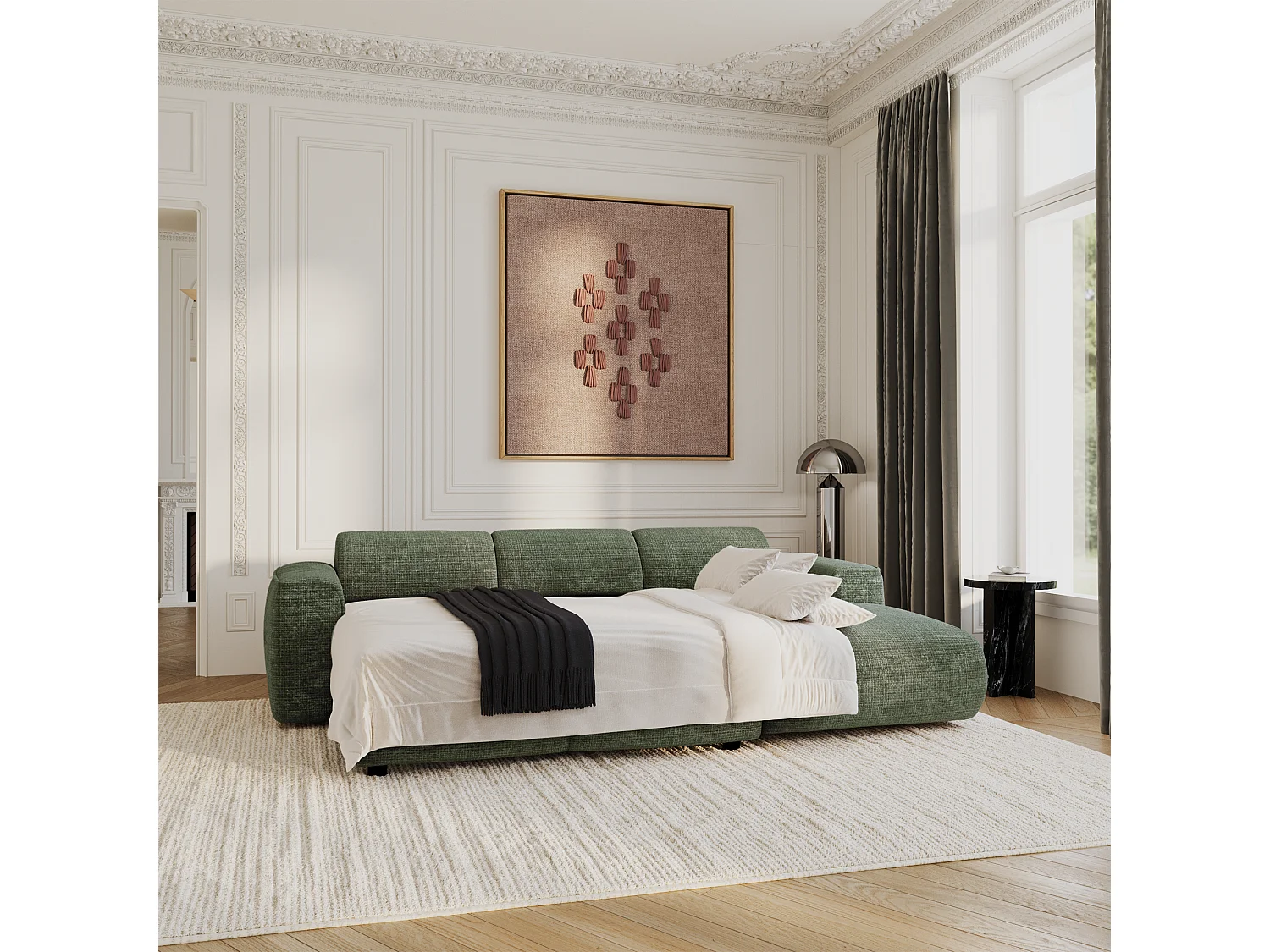 Canapé d'angle droit convertible 5 places en velours vert YUMA