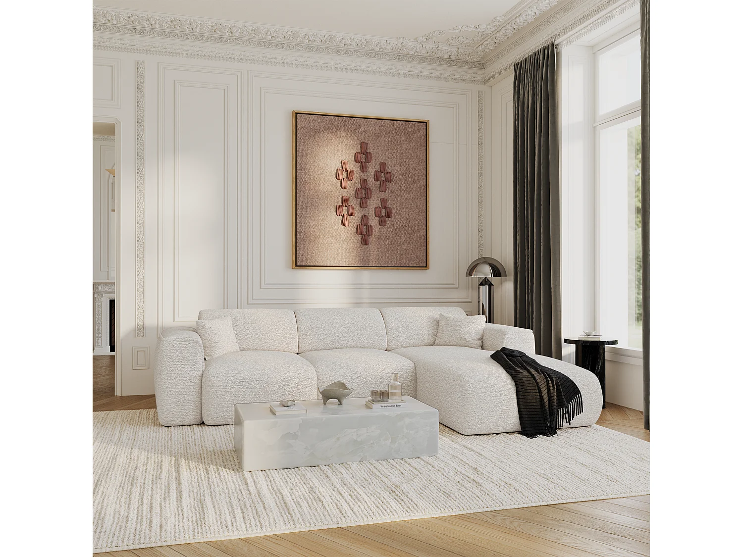 Canapé convertible angle droit 5 places bouclette crème YUMA