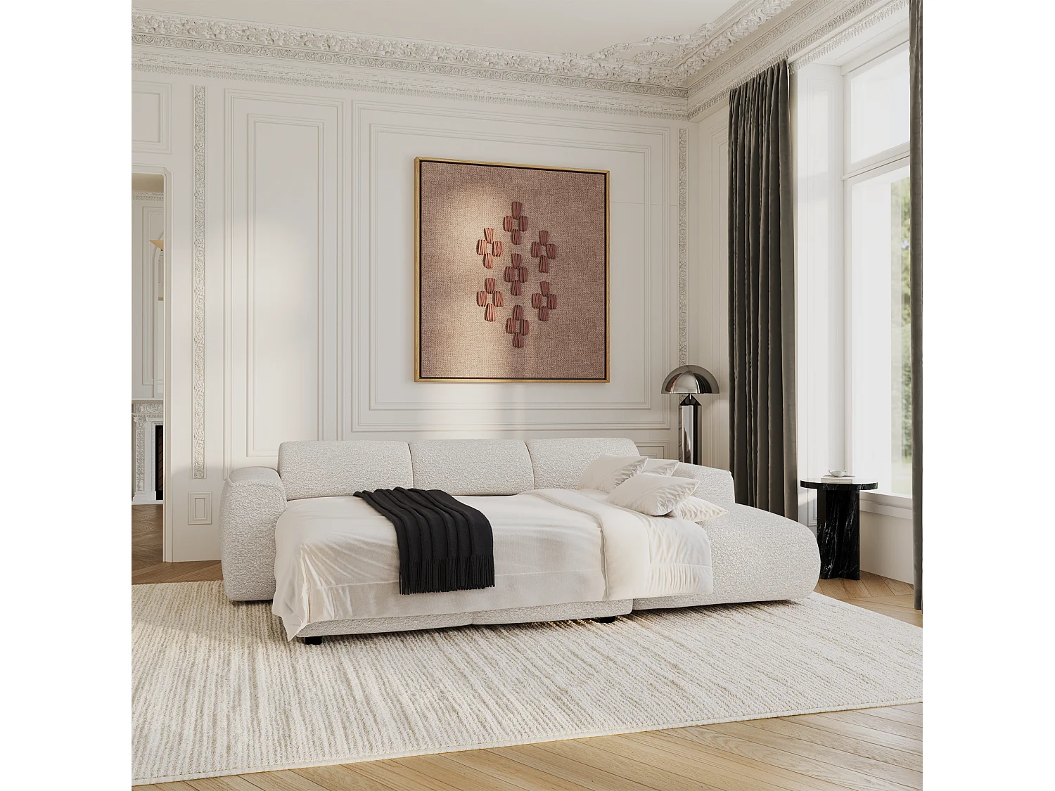 Canapé convertible angle droit 5 places bouclette crème YUMA