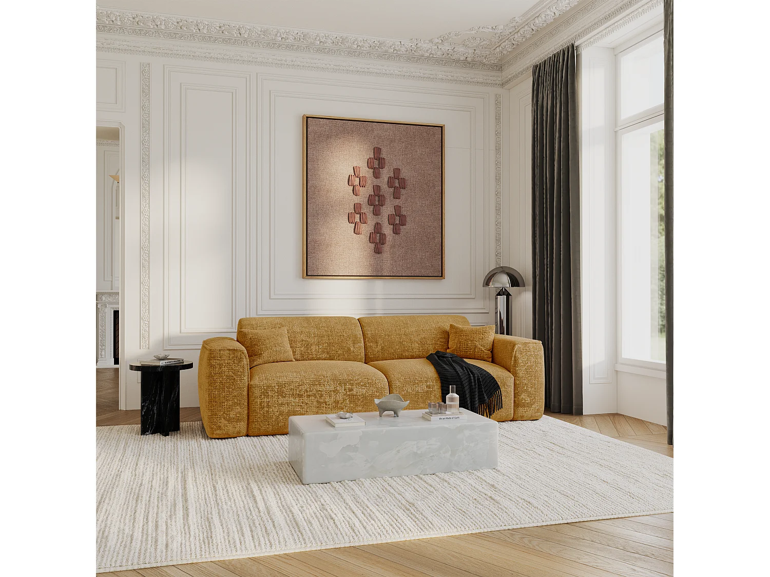 Canapé convertible 4 places velours gaufré moutarde YUMA