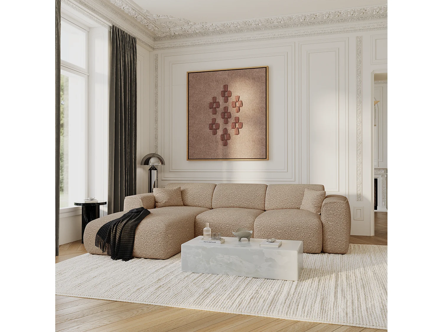 Canapé convertible angle gauche 5 places bouclette taupe YUMA