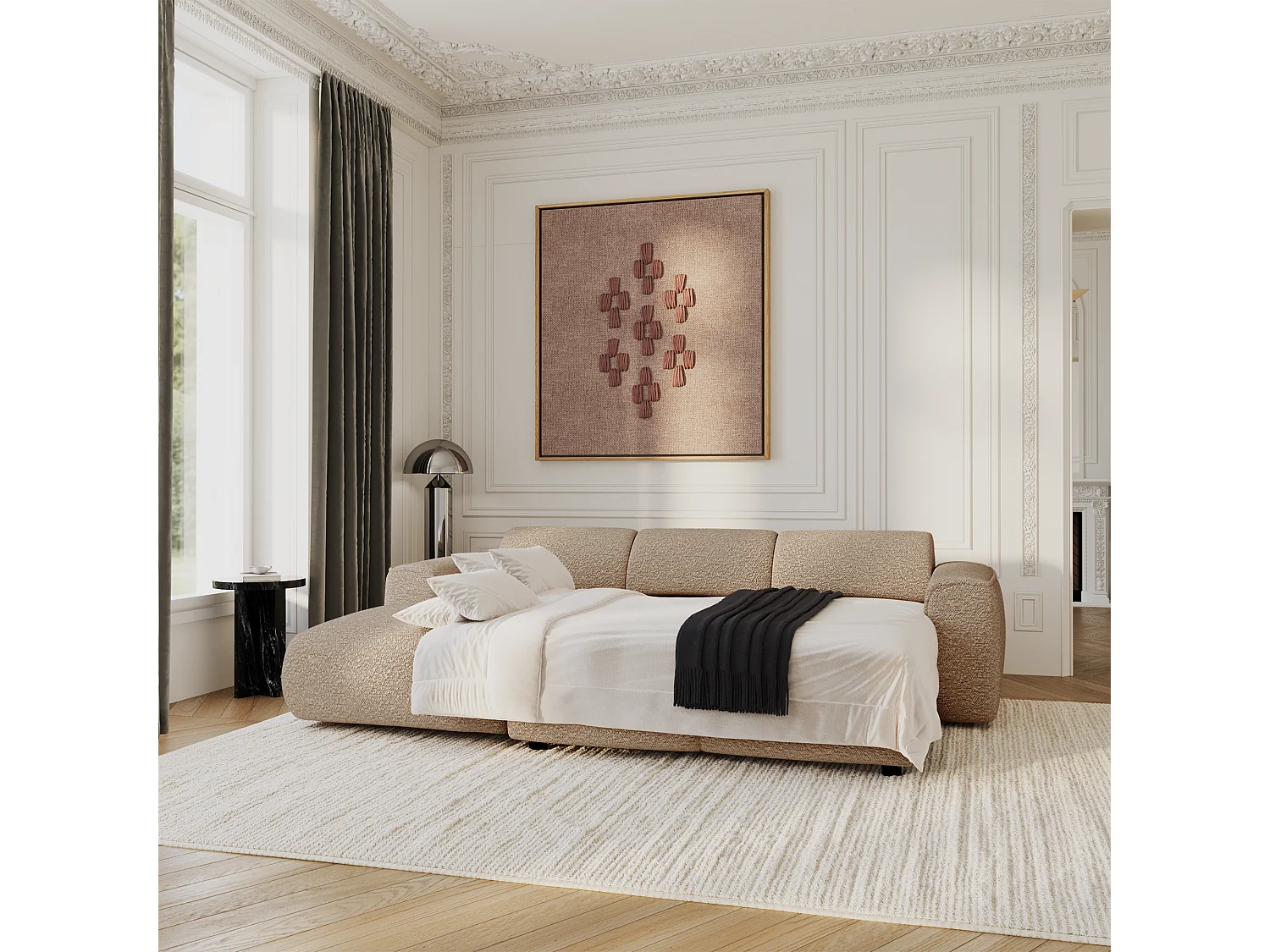 Canapé convertible angle gauche 5 places bouclette taupe YUMA