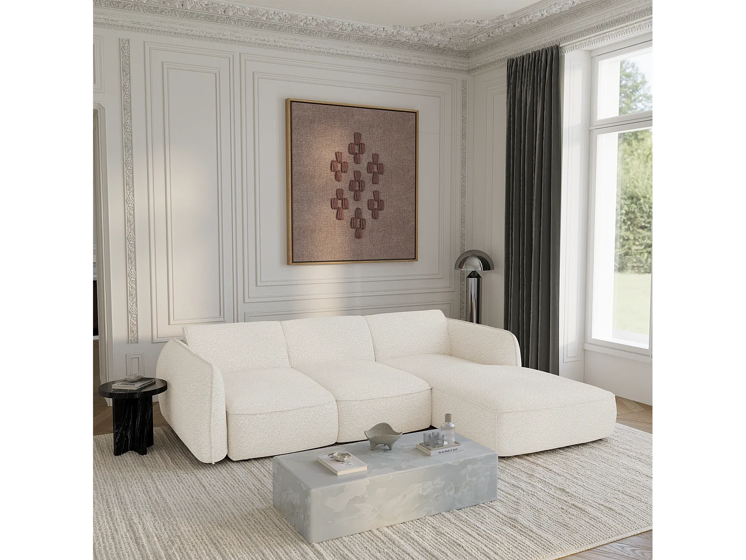 Canapé d'angle droit convertible 4 places tissu bouclette crème LIVIA