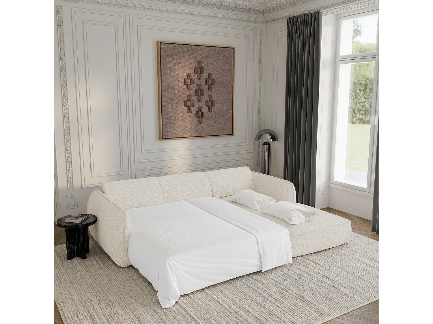 Canapé d'angle droit convertible 4 places tissu bouclette crème LIVIA