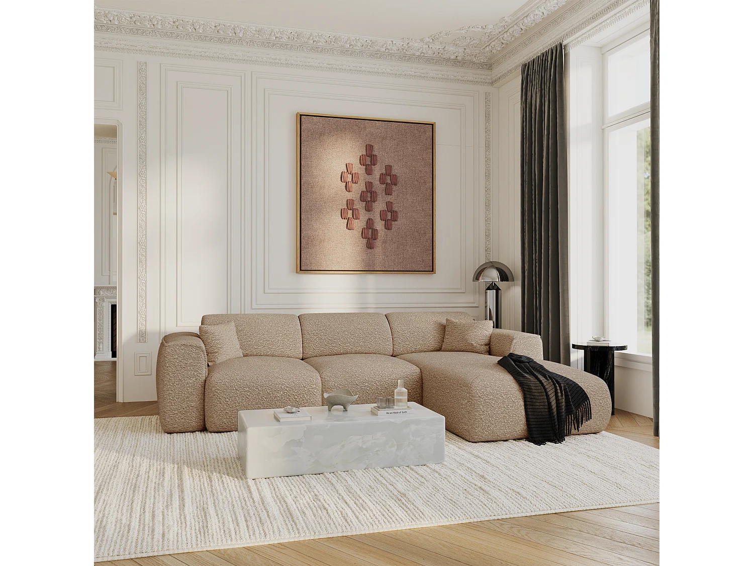 Canapé convertible angle droit 5 places bouclette taupe YUMA