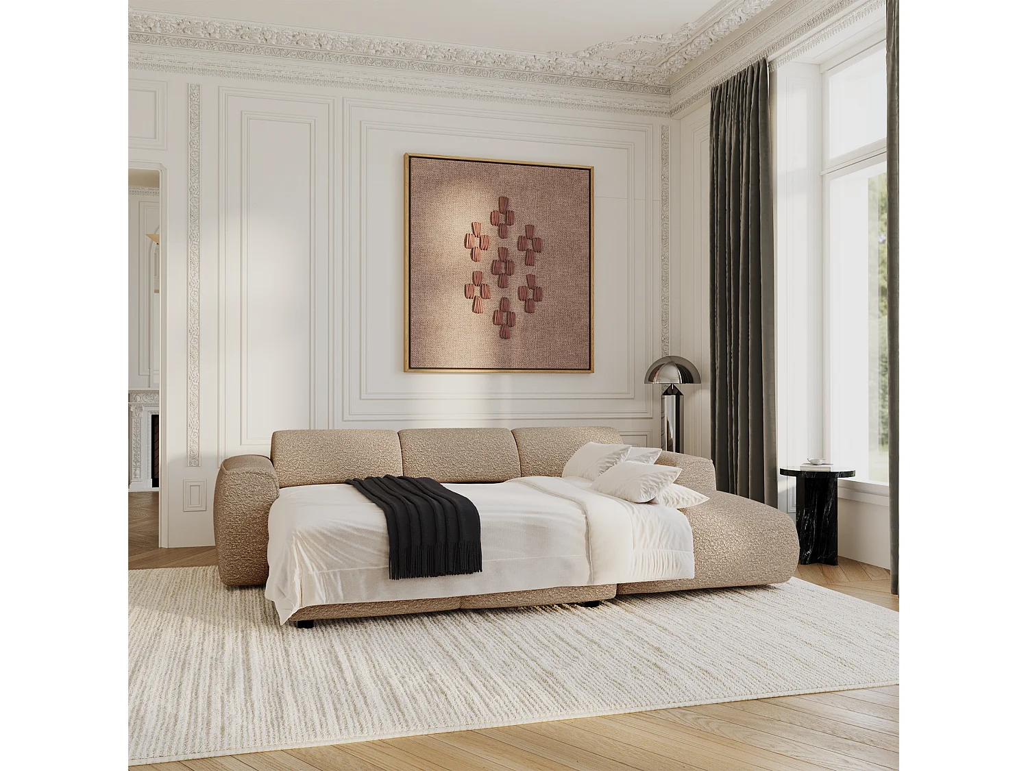 Canapé convertible angle droit 5 places bouclette taupe YUMA