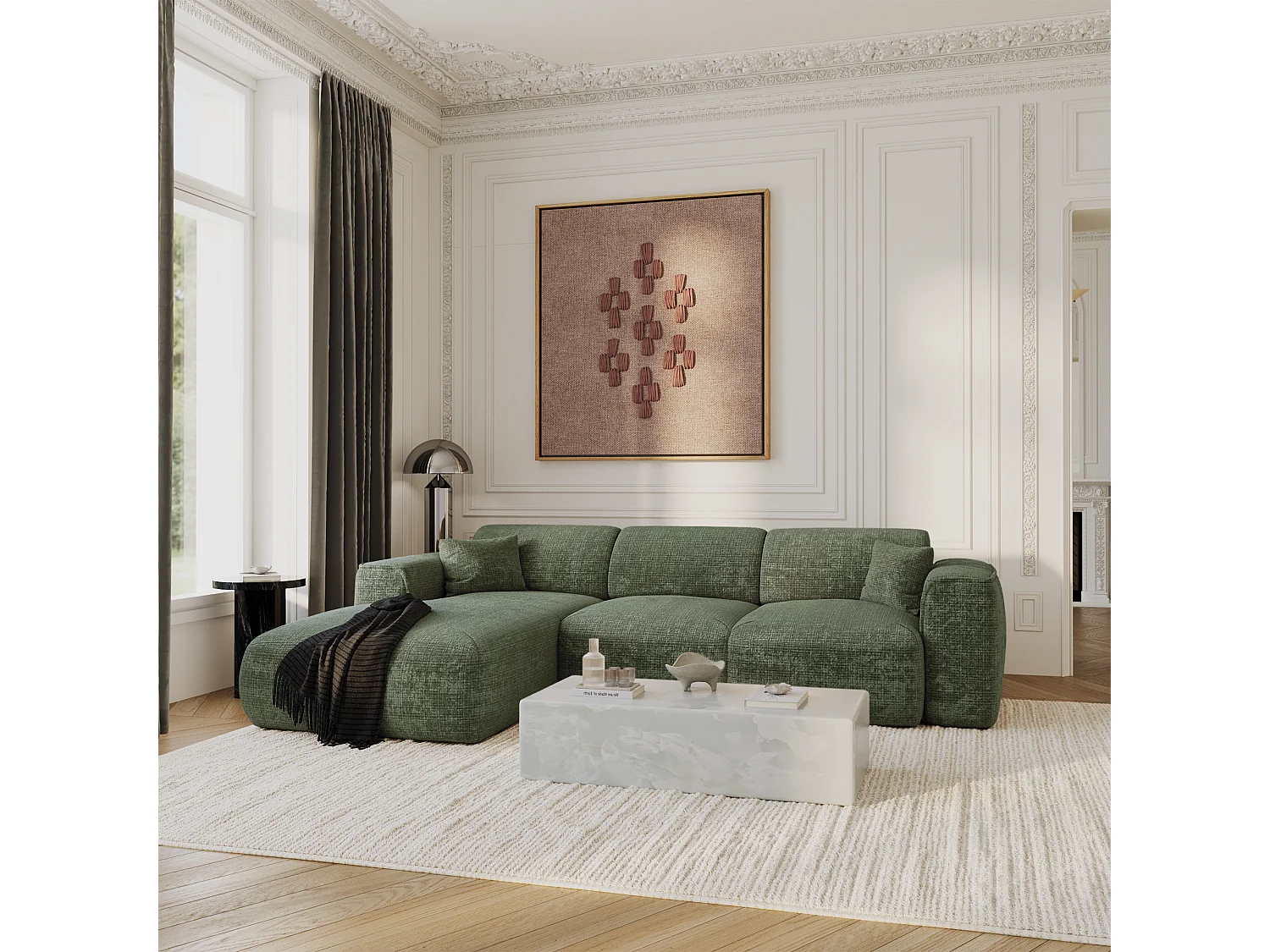 Canapé convertible angle gauche 5 places velours gaufré vert émeraude YUMA