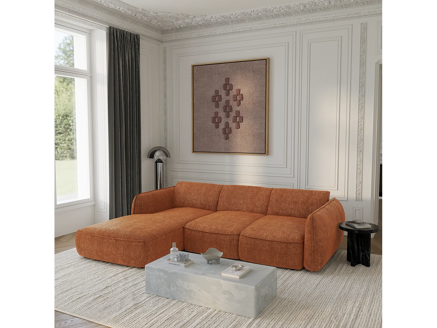 Canapé d'angle gauche convertible 4 places velours tramé terracotta LIVIA