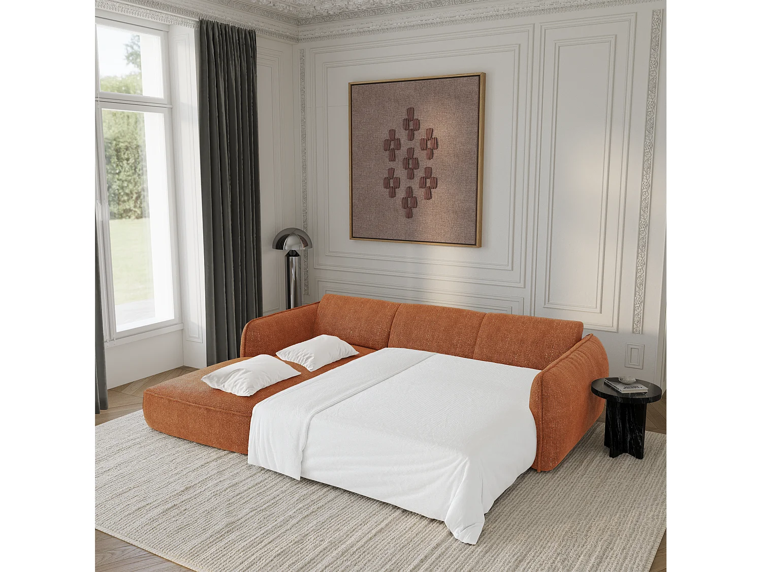 Canapé d'angle gauche convertible 4 places velours tramé terracotta LIVIA