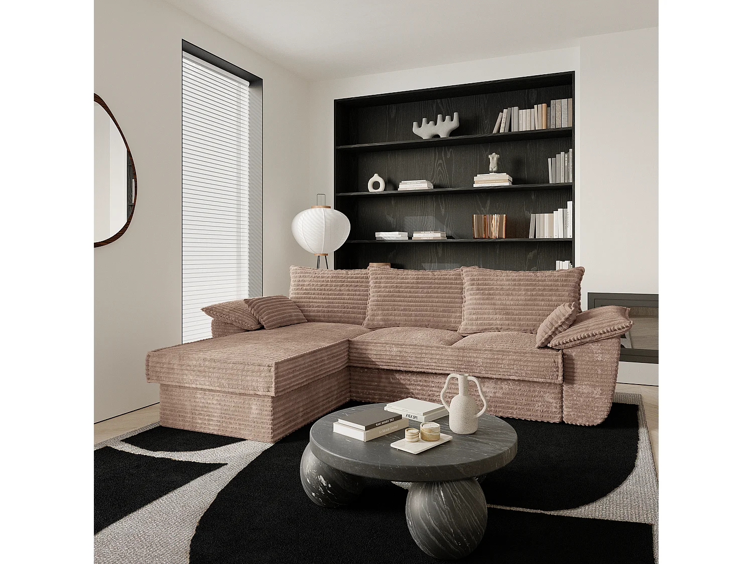 Canapé d'angle gauche convertible velours côtelé XXL taupe 257cm SASHA