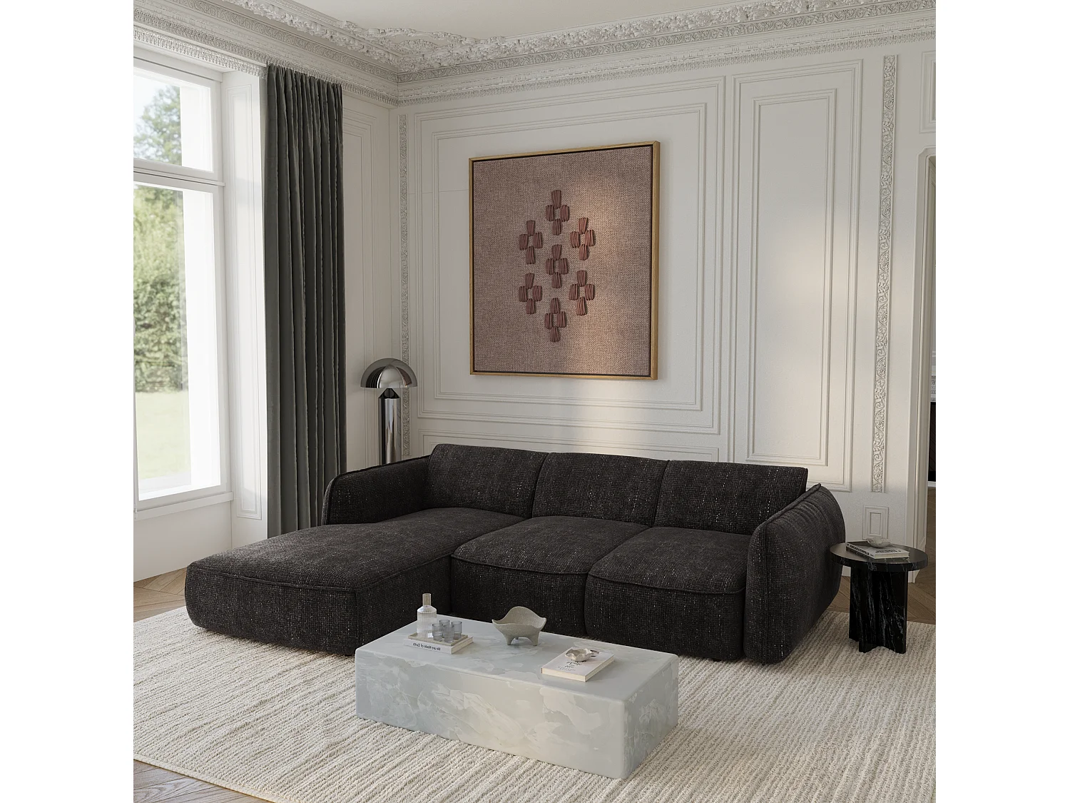 Canapé d'angle gauche convertible 4 places velours tramé antracite LIVIA