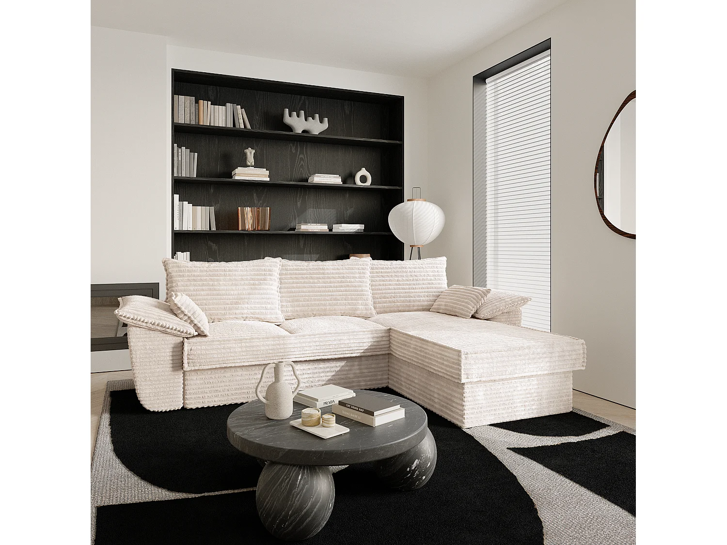 Canapé d'angle droit convertible velours côtelé XXL crème 257cm SASHA