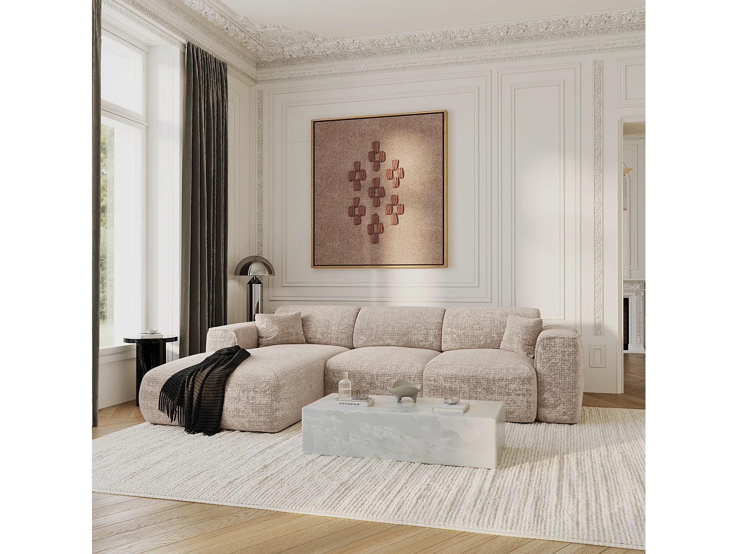 Canapé convertible angle gauche 5 places velours gaufré beige YUMA