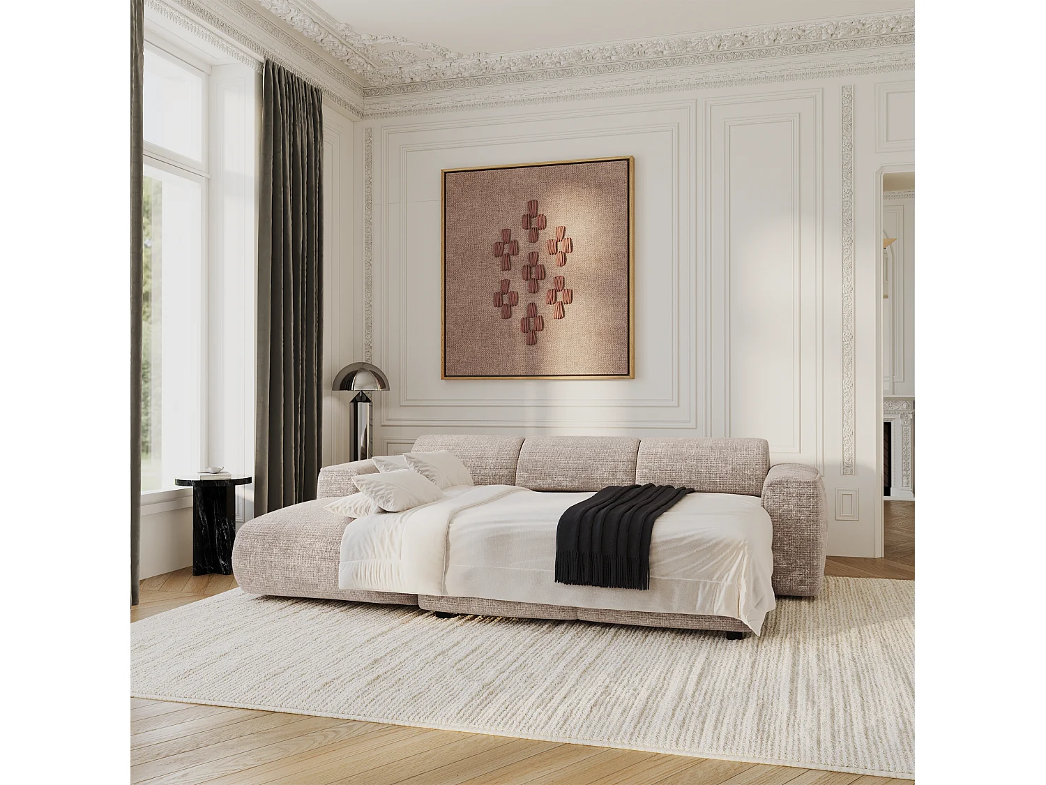 Canapé convertible angle gauche 5 places velours gaufré beige YUMA